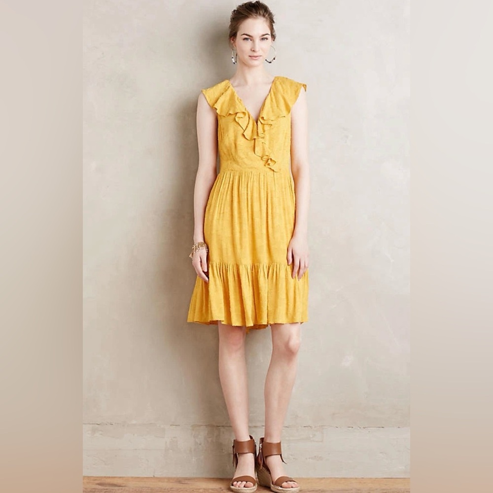 Anthropologie HD in Paris Goldenrod Yellow Ruffled Textured Ginya Dress size 14